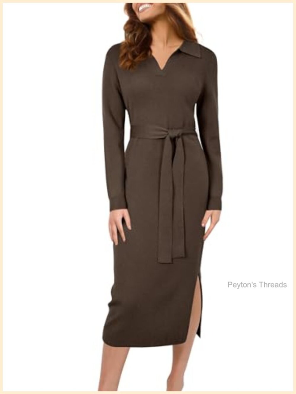Wool Blend Midi Sweater Dress Collared V-Neck Long Sleeve Work Business Casual